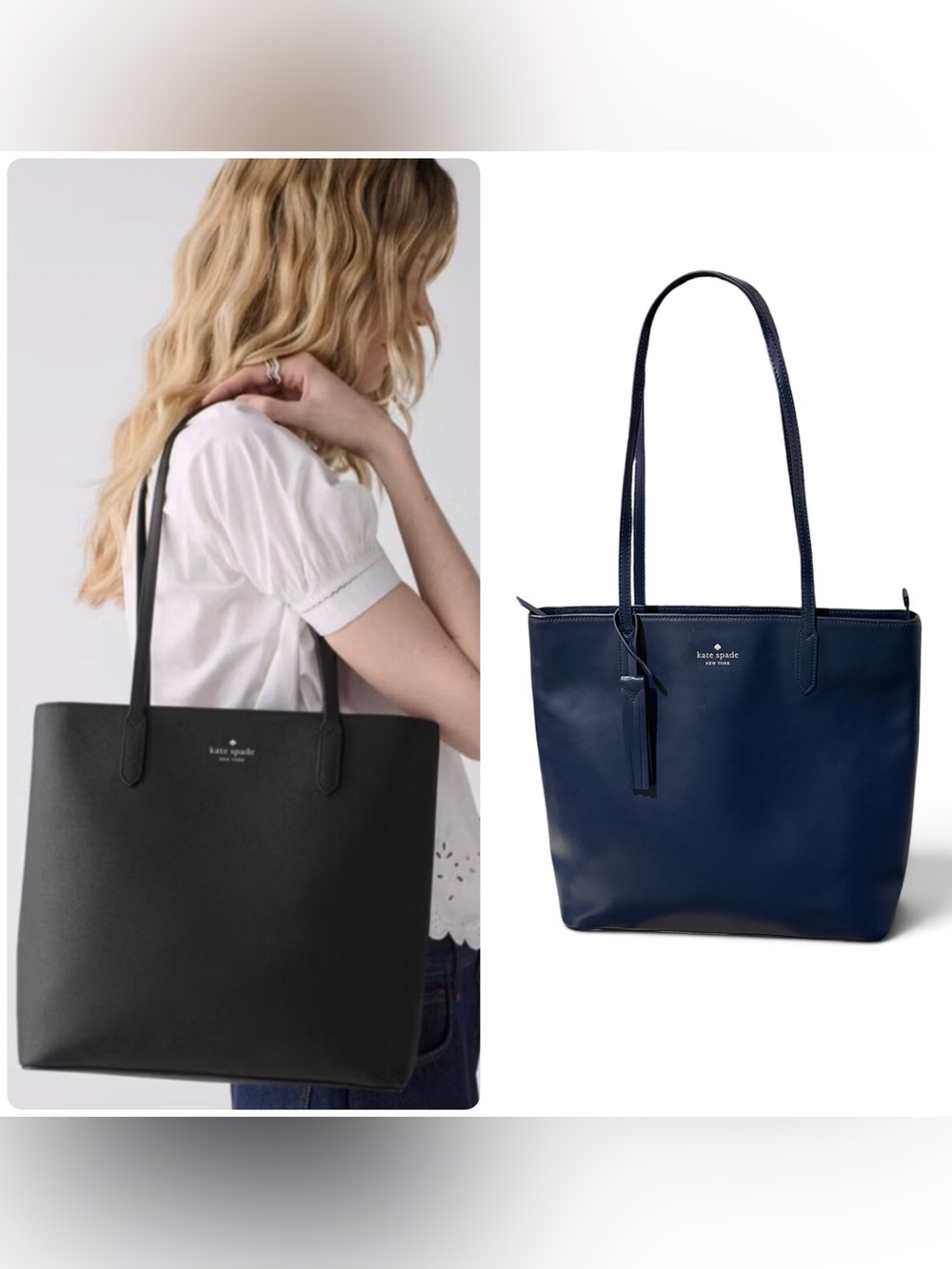 Kate Spade Navy Dark Blue Tote Shoulder Bag Zipper Pockets Tassel Purse Classic